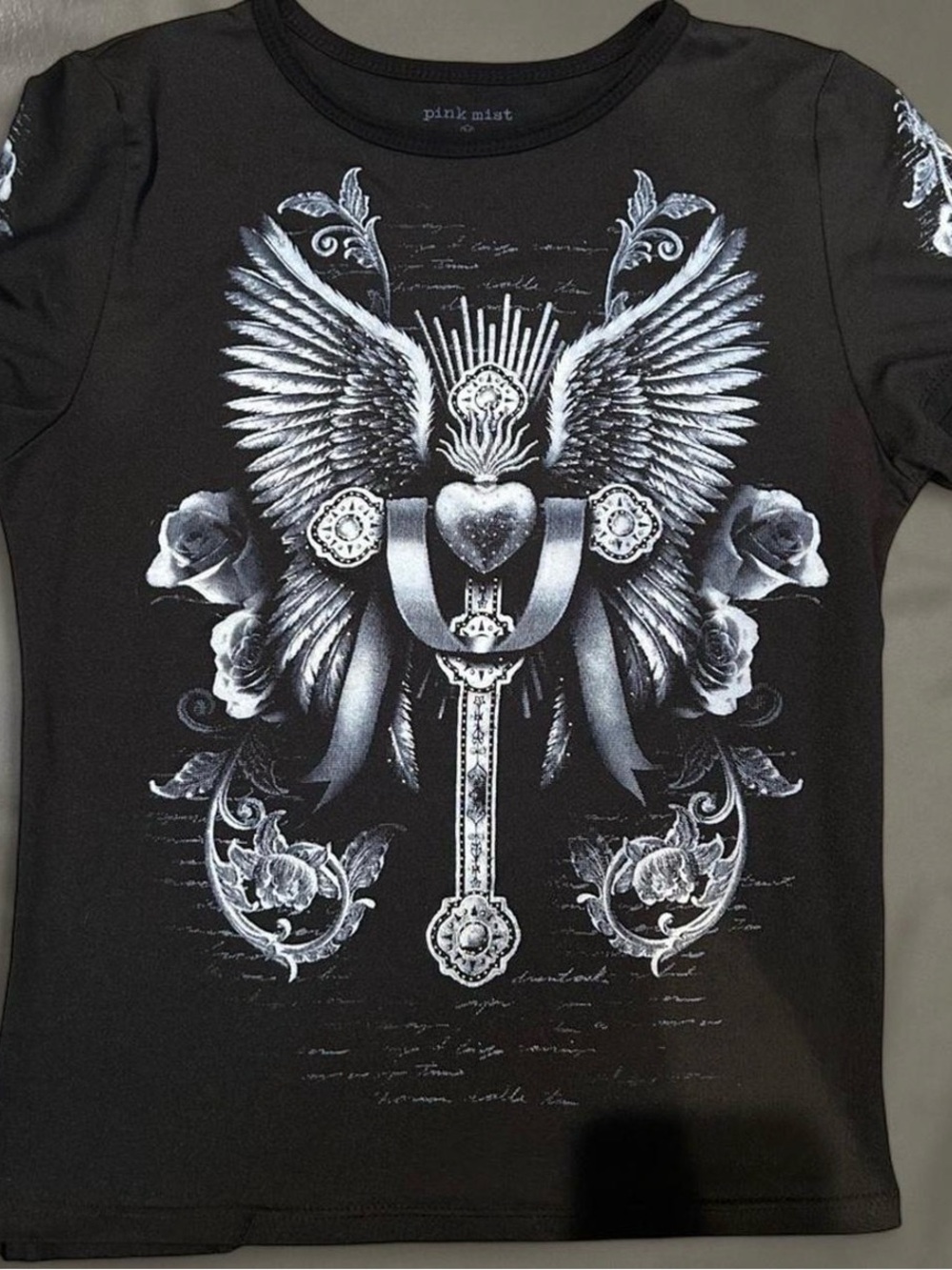 Y2K Pink mist Black goth grunge shirt with angel wings and cross design#y2k